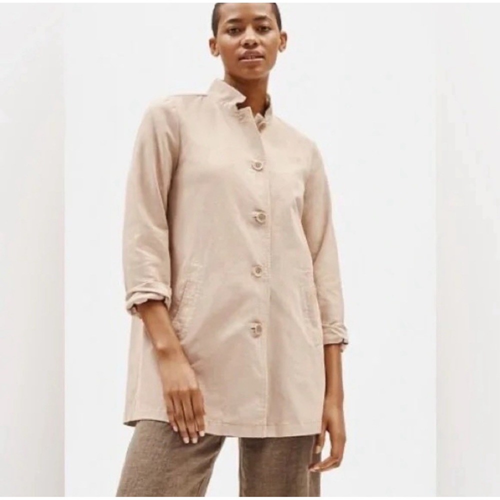 NWOT Eileen Fisher L Jacket Organic Cotton Hemp Stretch Button Front Taupe Coat